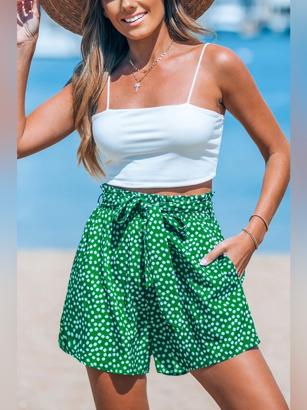 0347 - Cupshe Green Polka-Dot Tie-Waist Shorts